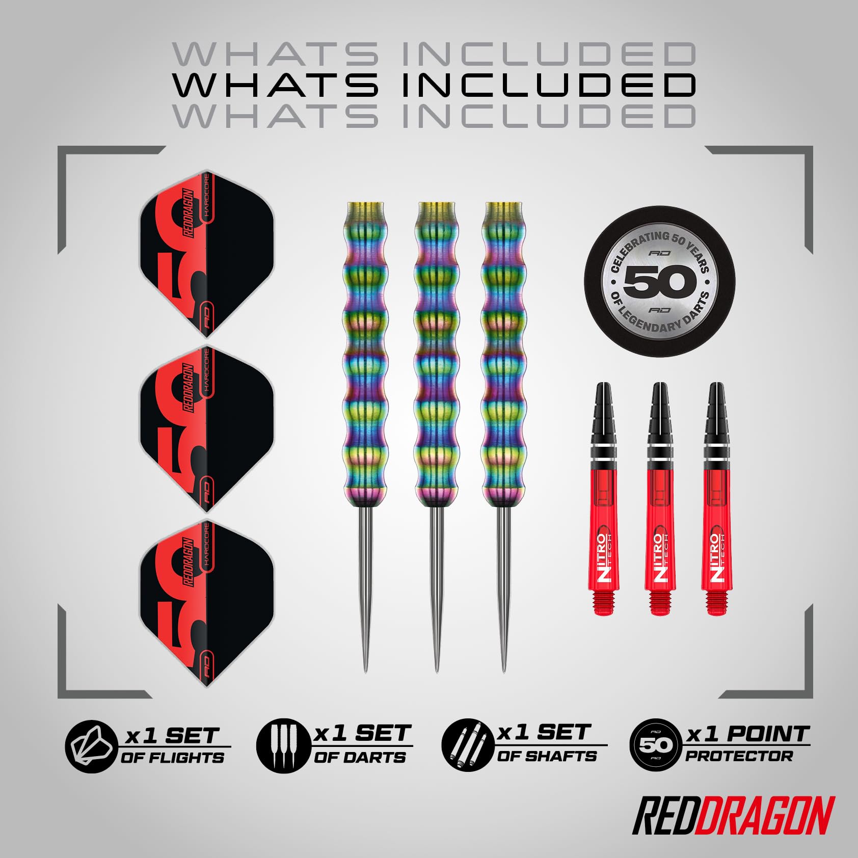 RED DRAGON Darts - Collection Classiques 50 Ans - Shockwaves 26g - 90% Tungstène - Set Professionnel Fléchettes Acier - Comprend Flights Et Manches (shafts