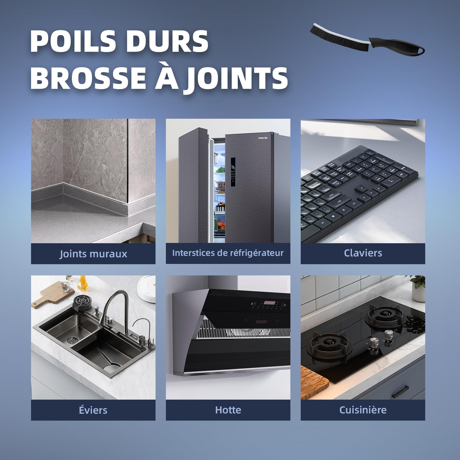 Cleangor Brosse à Joints Carrelage Avec Poignée Ergonomique - Nettoyage Salle De Bain Et Cuisine (Noir, Lot 6)