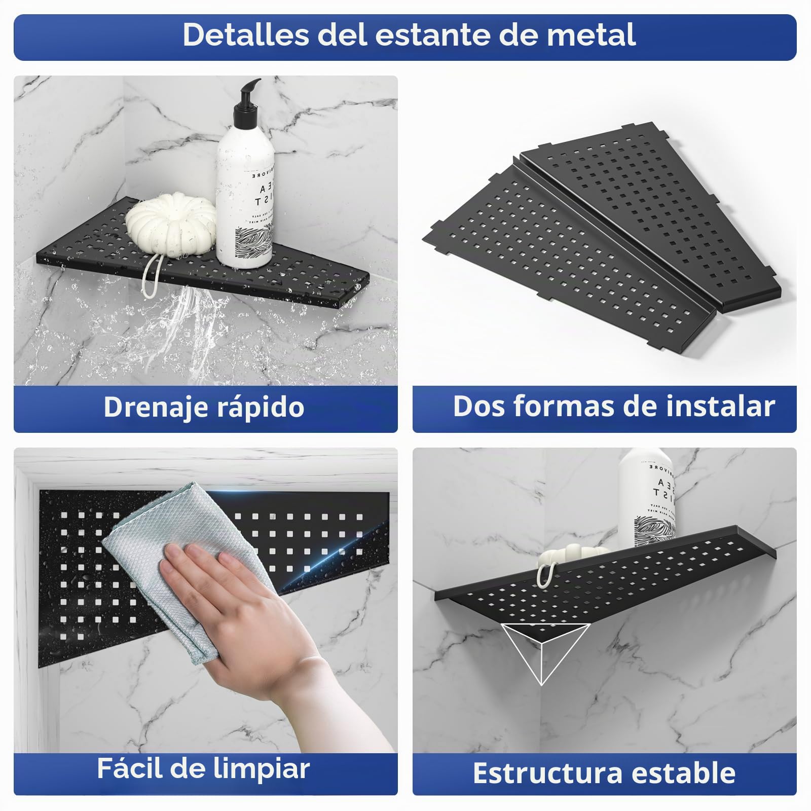 Estante de esquina para ducha de acero inoxidable 304, sin taladrar, para baño, champú, agujero cuadrado trapezoidal, 305 x 155 mm, negro, 2 unidades