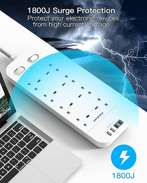 Extension Lead with 2 USB C Slots, 8 Way Outlets Power Strip with 4 USB Ports, 1800J Surge Protection Double Switch Plug Extension with 1.8M Braided Extension Cord for Home, Office - 5