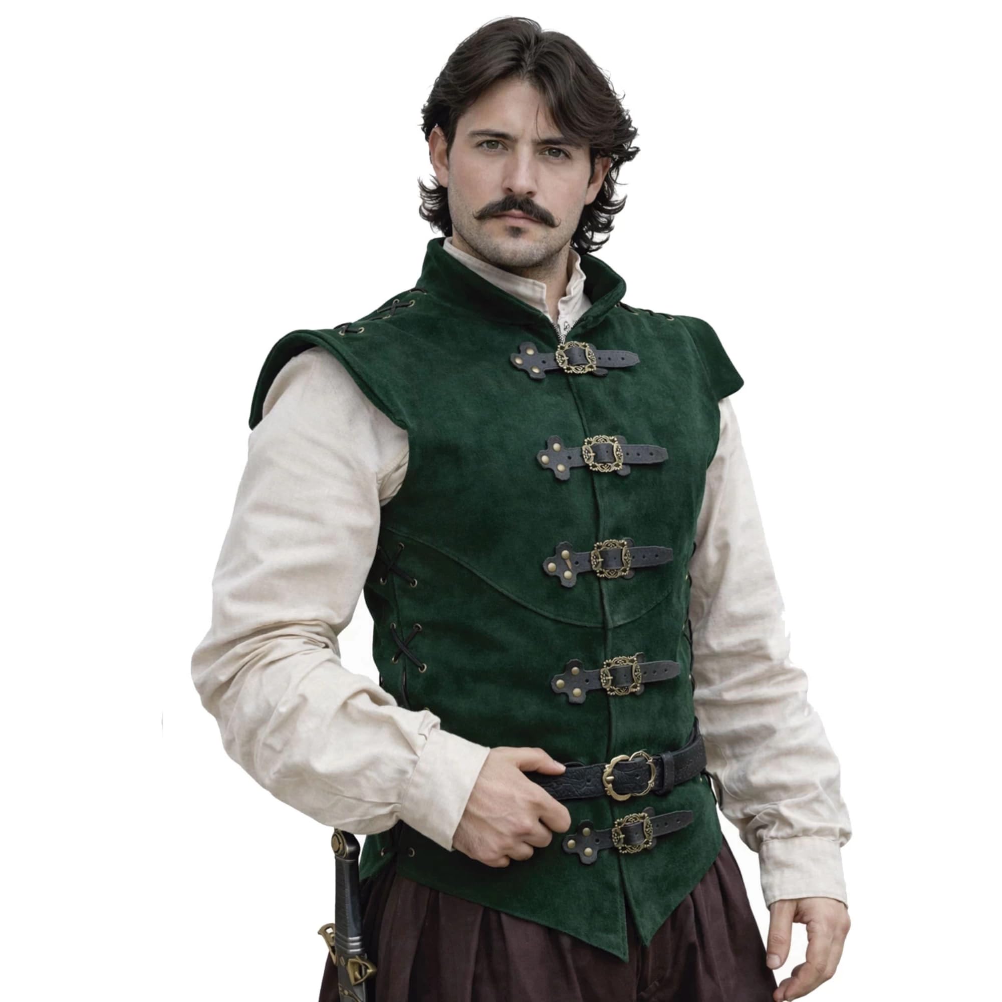 RAWBLADE Diego Green Medieval Splitleather Jerkin for Men, Leather Tunic & Armor Vest, Renaissance Pirate Costume, Sleeveless Waistcoat for Ren Faire & Cosplay