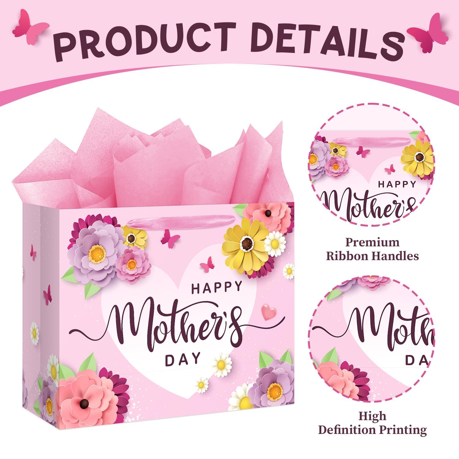 13" Happy Mother's Day Gift Bag with Card and Tissue Paper Large Pink Floral Mom's Party Paper Gift Bag Mom Present Bags with Handle Mother Parties Bags for Happy Mothers Day Party Decorations 1Pcs
