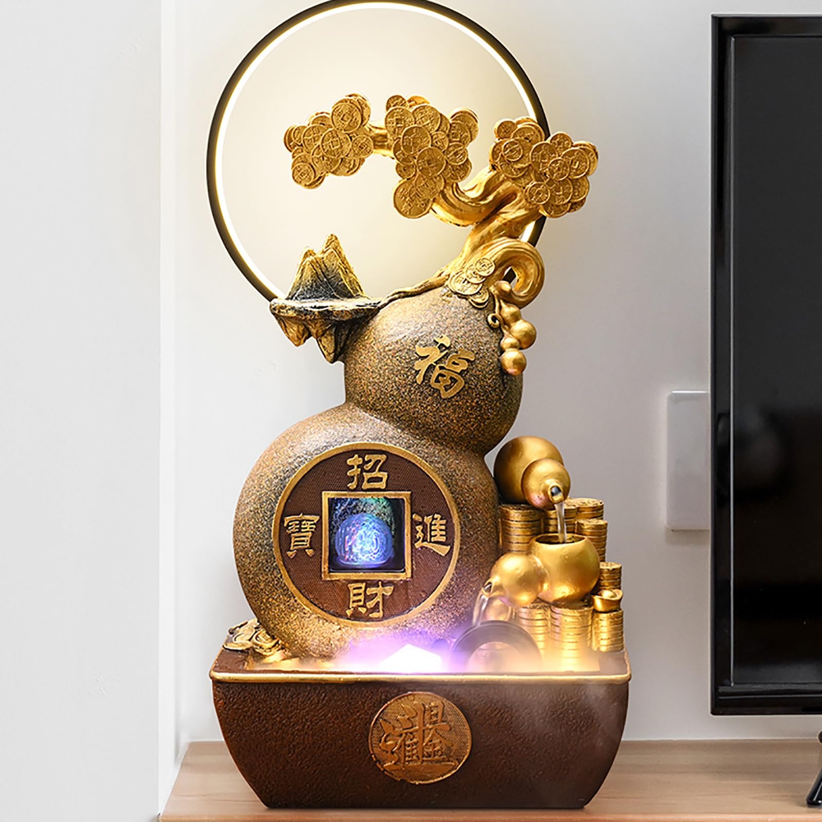 Fontaine à Eau Feng Shui avec Arbre à Monnaie et Roue à Eau – Élégante Fontaine Interieur pour Salon, Bureau et Cadeau