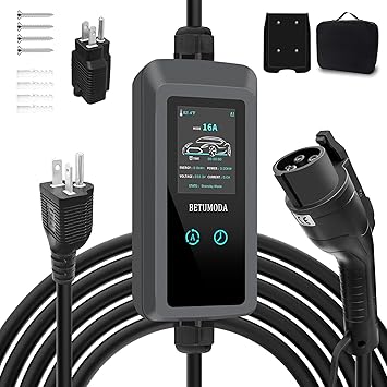 Level 1 EV Charger - 2.8 Inch LED Touch Screen, 25FT, 110V/240V, 16 Amp, and NEMA 6-20 & NEMA 5-15 Plug Adapter - Portable Electric Car Charger for J1772 EVs and Plug-in Hybrid Vehicles