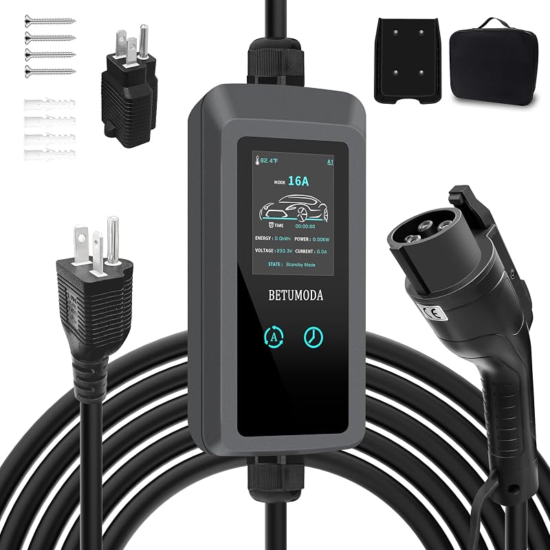 Carregador portátil para veículo elétrico Level 1 BETUMODA SAE J1772, tela sensível ao toque de 7,1 cm, 120/240 V, cabo de 7,62 m