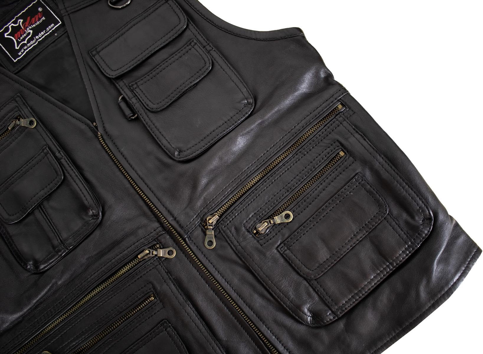MDM Gilet en cuir nappa d’agneau souple pour homme, léger et confortable, nombreuses poches, 4 couleurs, Moto (FR/ES, Alpha/lettres, 4TG, Taille normale, Taille normale, Noir lisse)