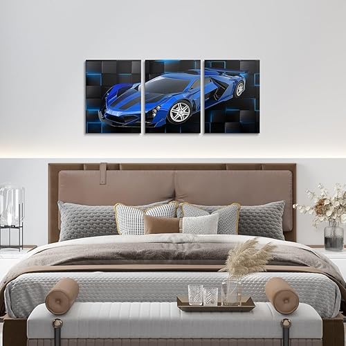 Miniatura 4 de Feelyou Cuadro azul de carreras para pared, 12 x 16 pulgadas, 3 piezas de autos deportivos de velocidad, lienzo para decoración de pared, diseño