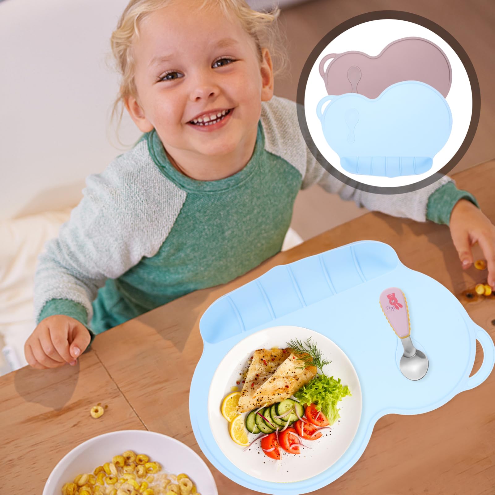 FELTECHELECTR Silicone Placemats 2pc Set Washable Machine Washable Heat Insulated Non-Slip Food Catching Dining Mat for Boys and Girls Toddler Nursery Random Color