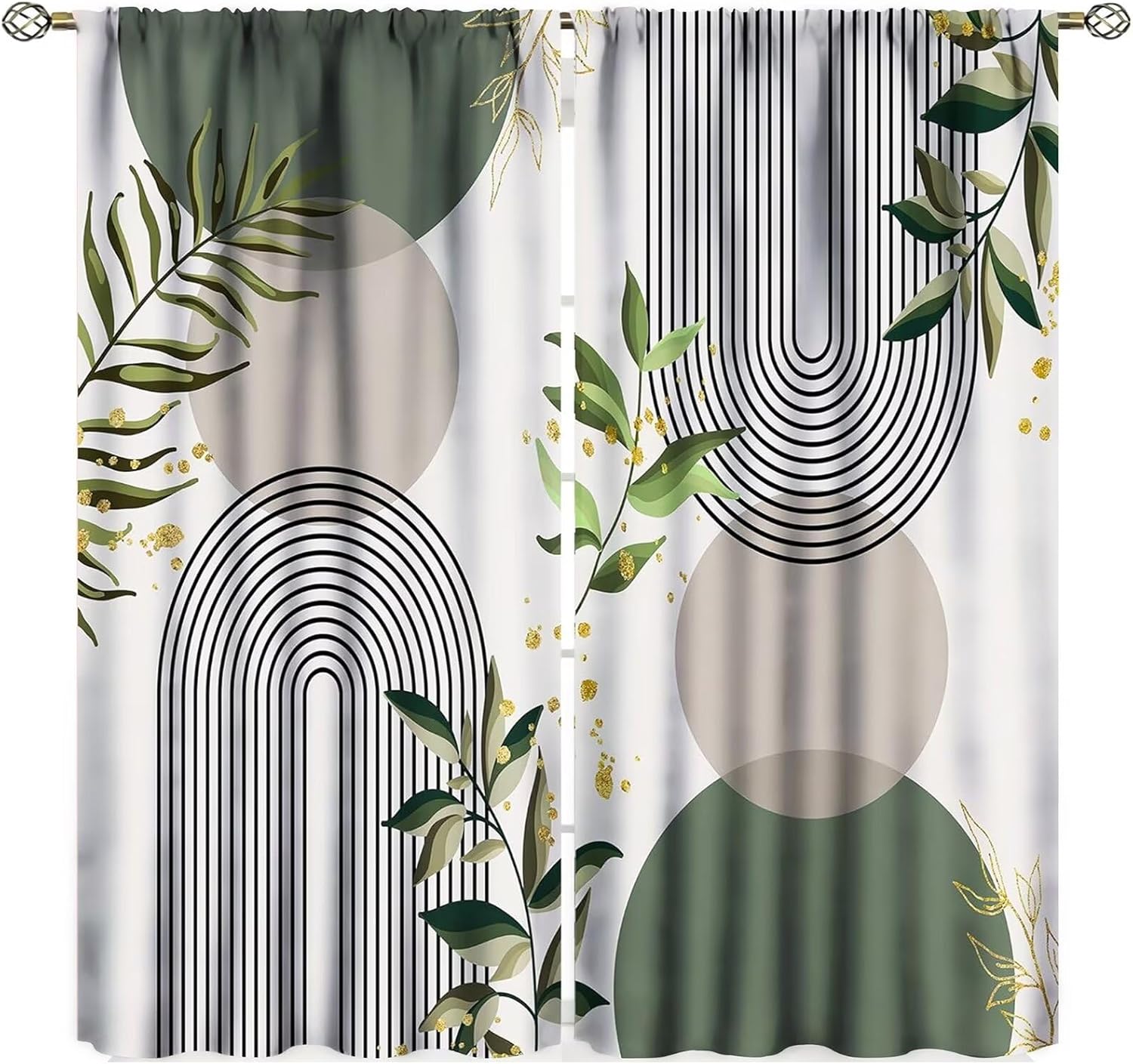 Boho Leaf Curtains, Mid Century Abstract Green Leaves Tropical Plants Modern Minimalist Window Treatments for Bedroom Living Room Kitchen Cafe Bohemian Drapes, 52x84 Inch Blackout