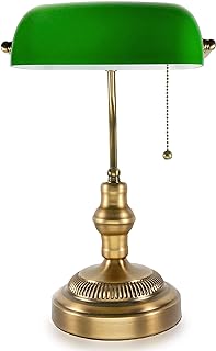 Traditional Bankers Lamp, Brass Base, Handmade Emerald Green Glass Shade...