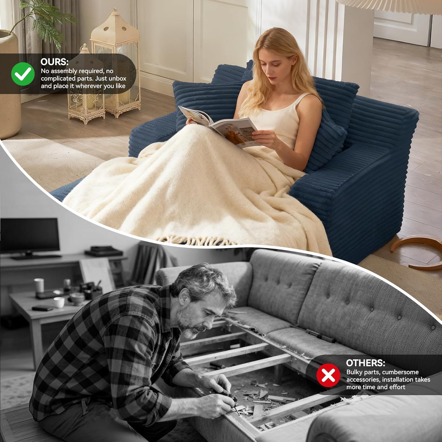 66" Oversized Chaise Lounge Chair Indoor, Corduroy Boneless Chaise Lounge Sofa Bed, Cloud Reading Chair & Sleeper Sofa, Deep Seat Lounge Chair for Living Room Bedroom, No Assembly (Blue)