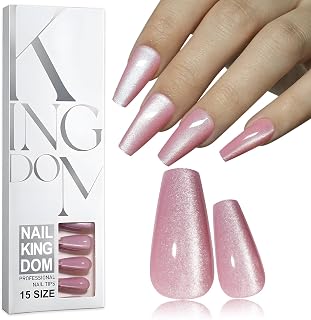 Lifextol 150pc Cat Eye Press on Nails Long Coffin Fake Nails Press ons Long Nail, Pink Acrylic Nail Glue on Coffin Stick Fingernail for Women Artificial False Fingernails with Adhesive Tabs