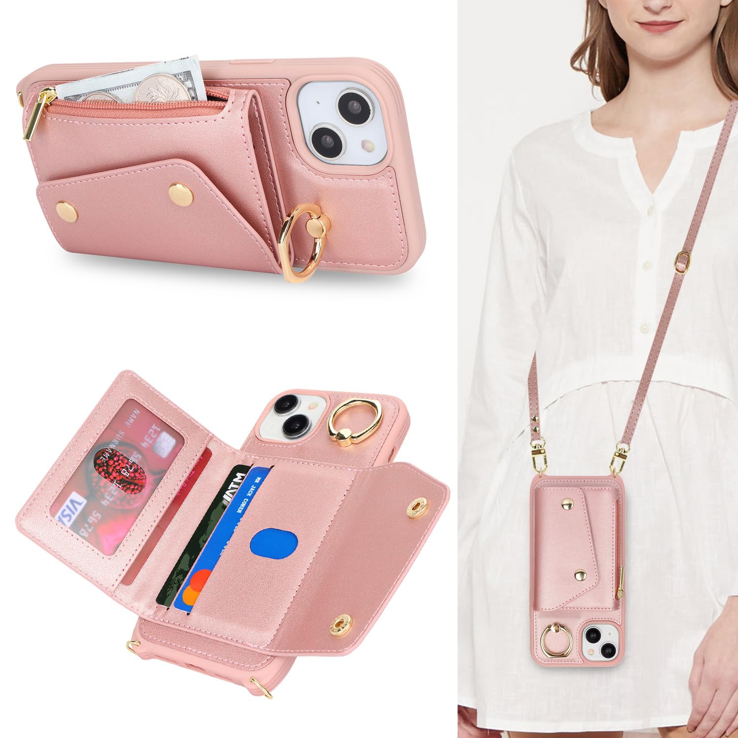 Lipvina for iPhone 13 Case with Card Holder and Strap - Zipper Pocket,Crossbody Lanyard Strap,Credit Card Holder,Stand Ring,Cute Phone Wallet Case for
