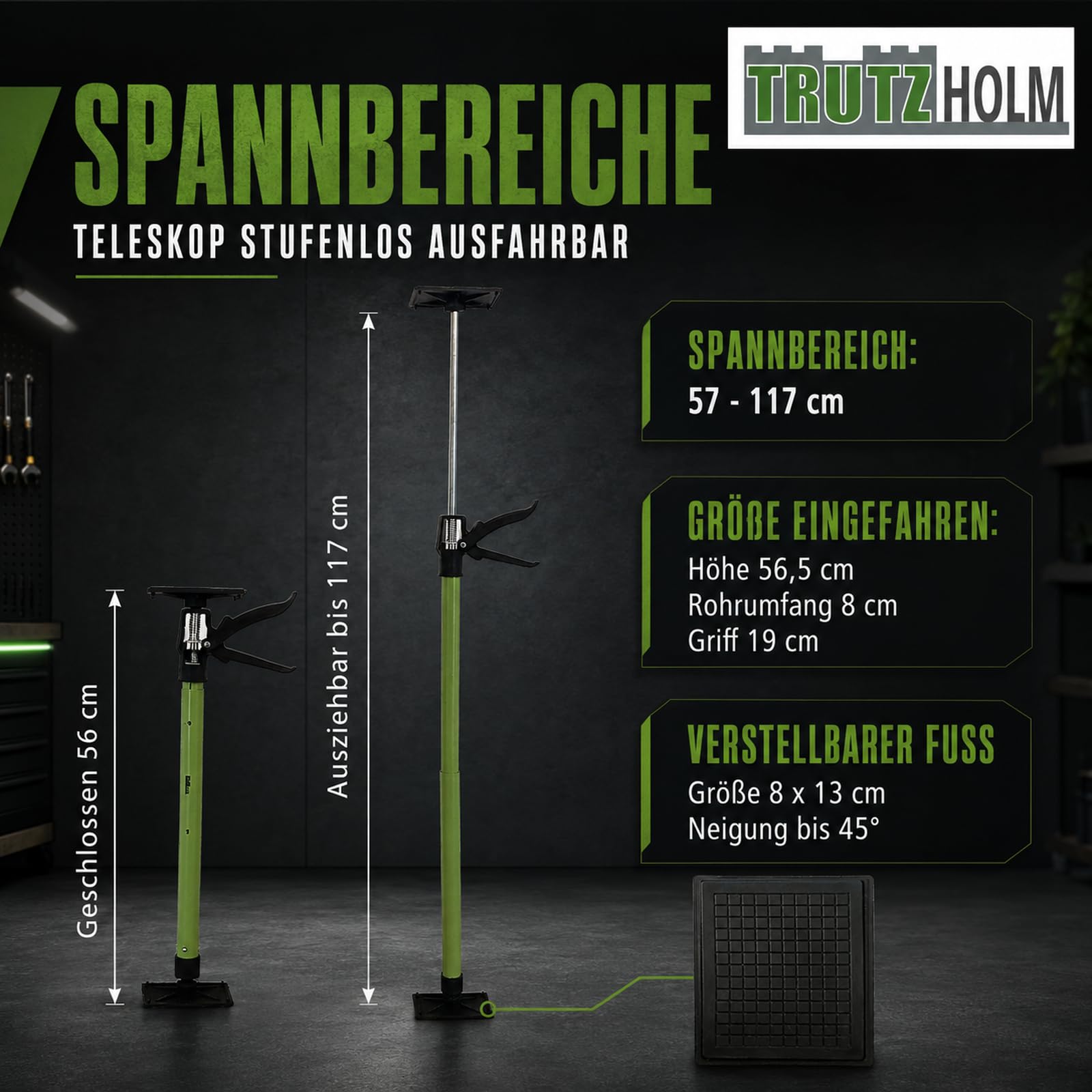 3x Zargenspanner stufenlos verstellbar 57-117 cm Druckplatte neigbar bis 45° Teleskopstütze Einhandstütze Montagestütze für Türrahmen, je 30 Kg Tragkraft Winkelspanner, Türzargen