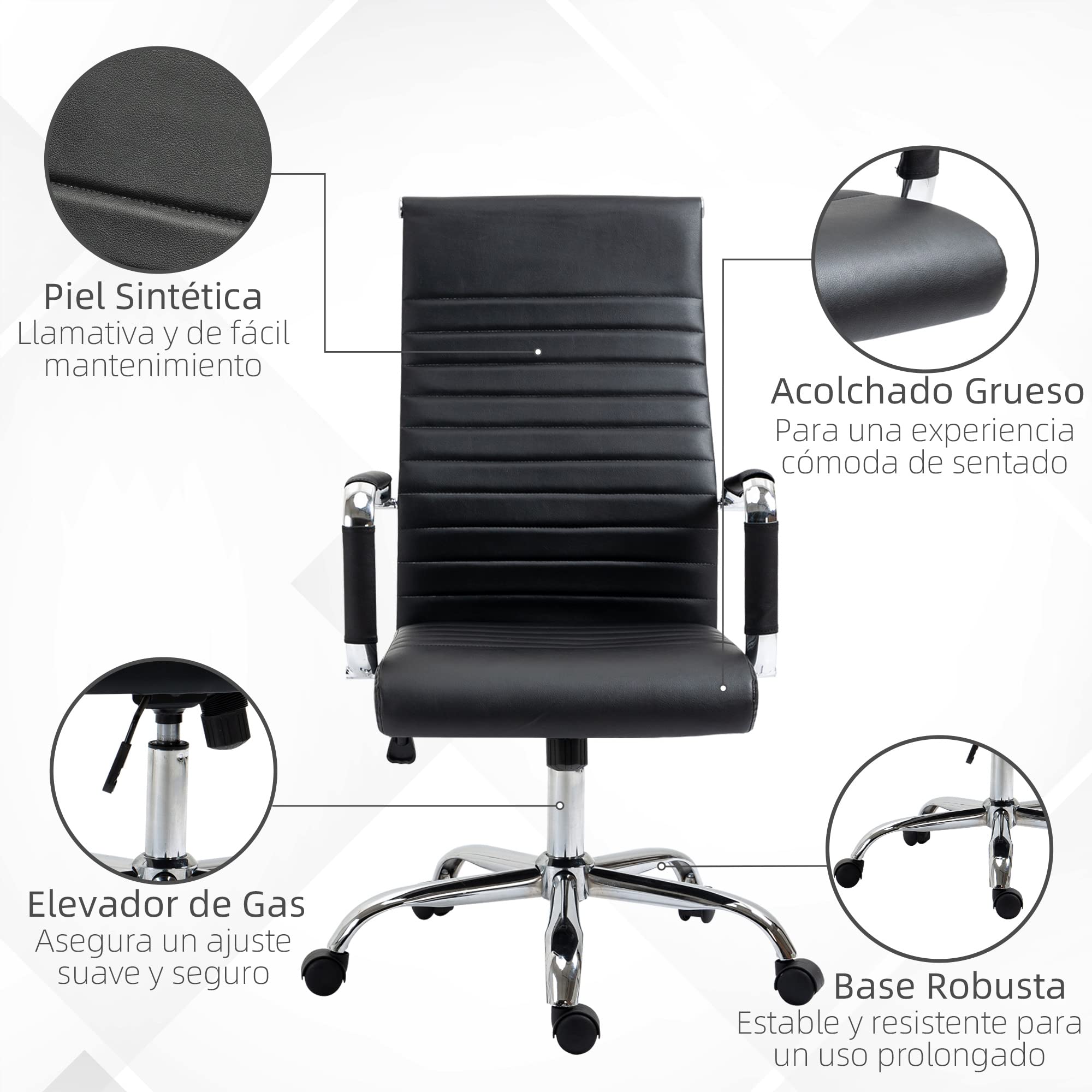 Vinsetto Silla de Escritorio Giratoria con Respaldo Alto Ruedas Negro | Silla de Oficina, Ruedas Giratorias, Altura Ajustable, Función Basculante, Reposabrazos, Tapizado en Cuero Sintético