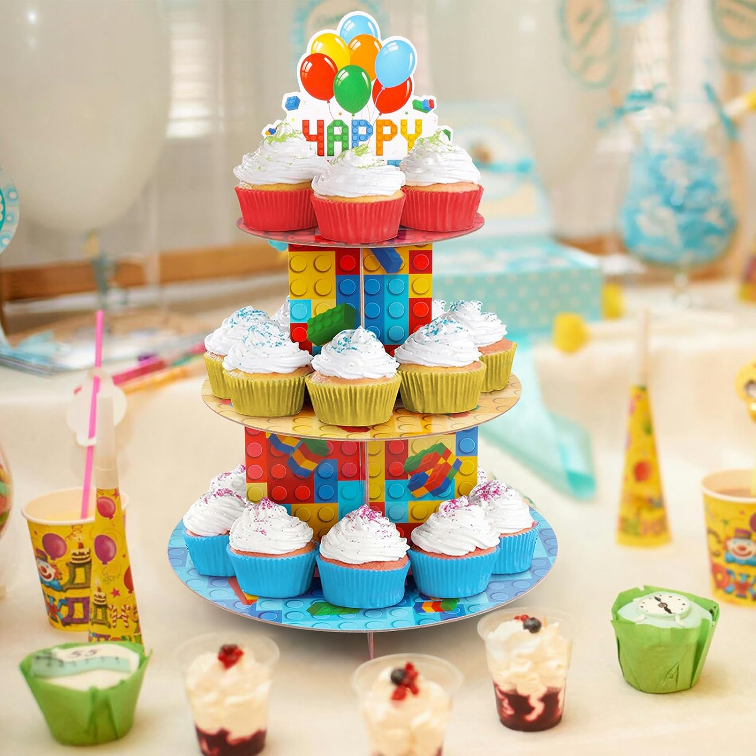 Hooqict Building Block Cupcake Stand, 3 Tier, Cardboard, Multicolor, for Blocks Party, Birthday Decorations