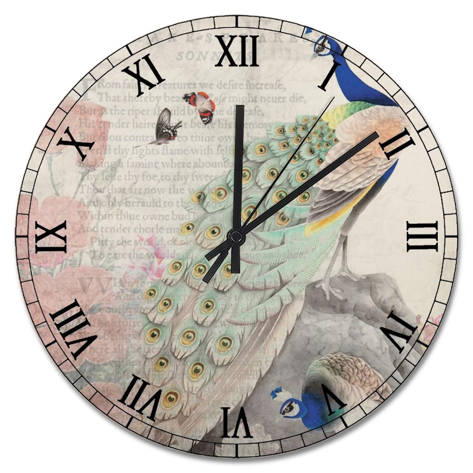 Horloge murale vintage paon vert rustique déco cuisine salon 38cm
