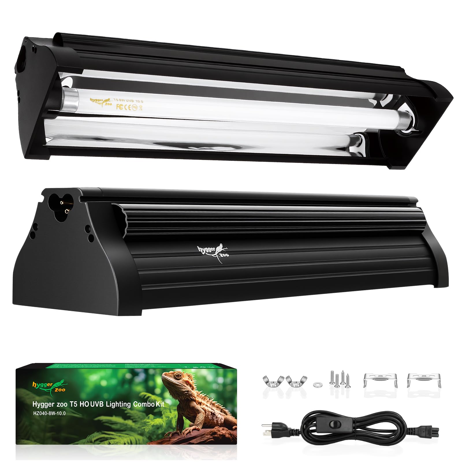 T5 UVB Reptile Light Fixture Upgrade Burn-proof HO UVB Bulb Lighting Combo Kit 10.0 UVB Light for Reptiles Terrarium Fluorescent 8W Reptile Light Bar UVA UVB Desert Lamp for Bearded Dragon Turtle Tank