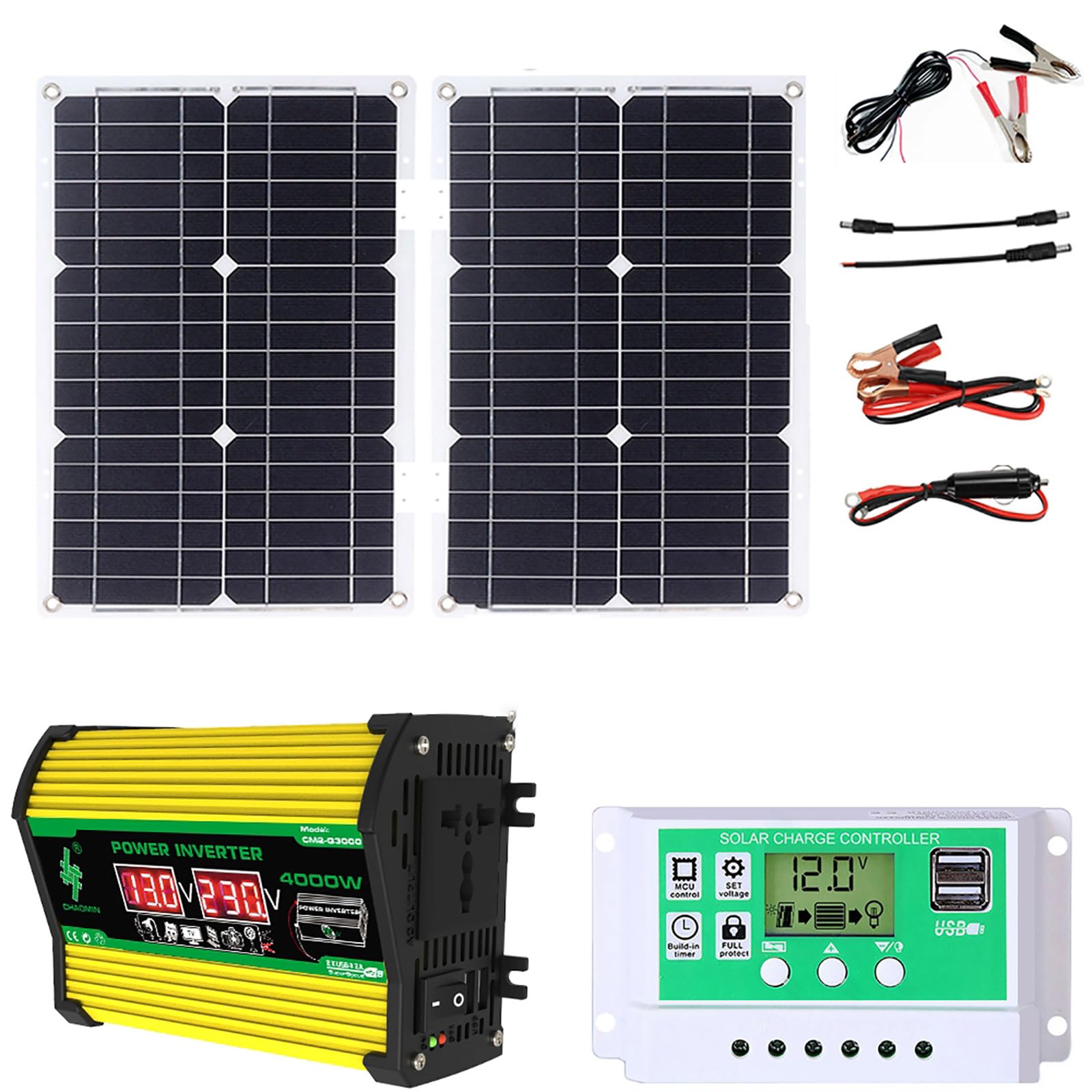 Kit pannello solare, kit pannello solare completo, pannello solare impermeabile da 50 W e inverter solare da 4000 W, regolatore solare da 12 V 50 A con 2 porte USB e display a LED per casa, camper,