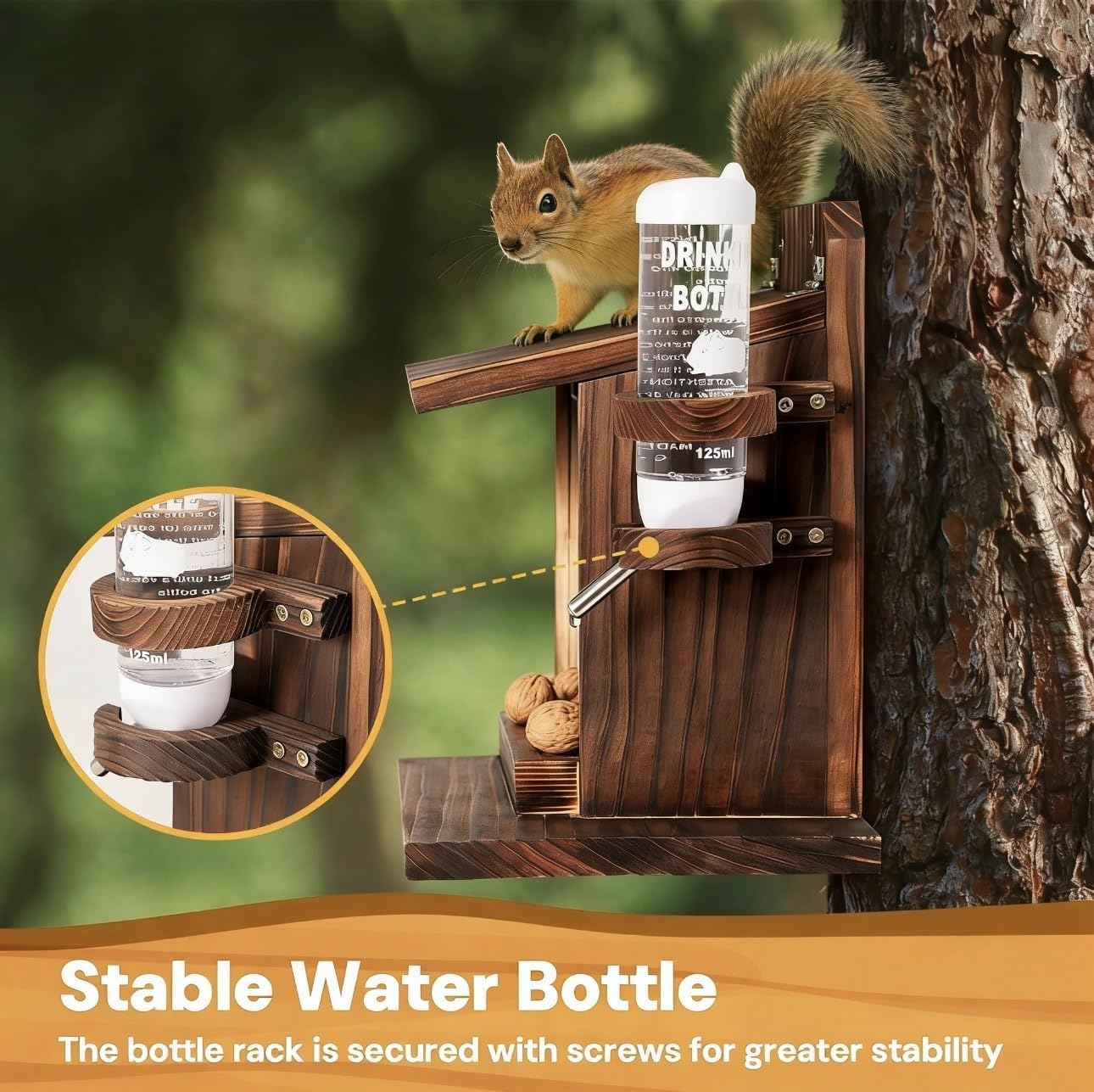 Wooden Squirrel Feeder House with Water Bottle, Outdoor Squirrel Corn Cob Feeder for Garden Tree or Backyard, Wall Mount Chipmunk Feed Station for Nuts and Corn