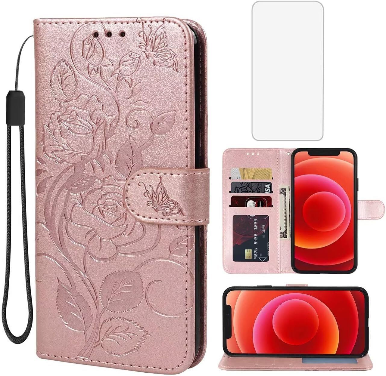 Case for iPhone 12 Mini Wallet Case with Tempered Glass Screen Protector, Flower Leather Flip Credit Card Holder Stand Phone Cover Cases for iPhone 12 Mini Rose Gold