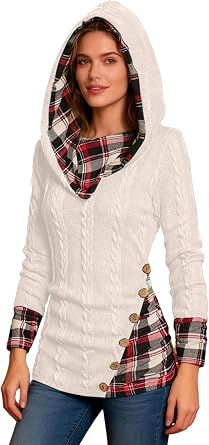 ZEZCLO Womens Twisted Cable Knit Plaid Print Hooded Sweater Mock Button Ruched Shawl Neck Knit Top