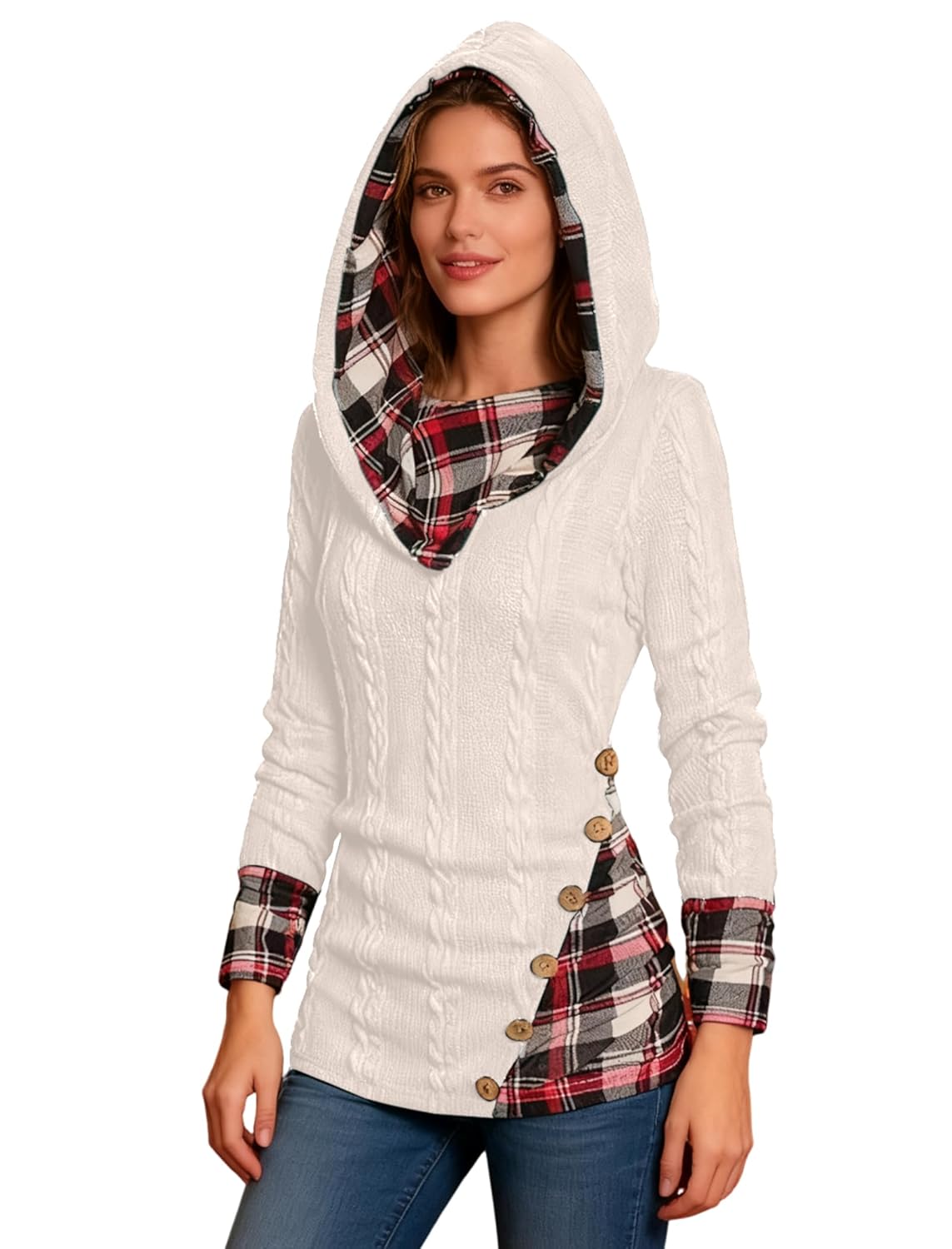 ZEZCLO Womens Twisted Cable Knit Plaid Print Hooded Sweater Mock Button Ruched Shawl Neck Knit Top