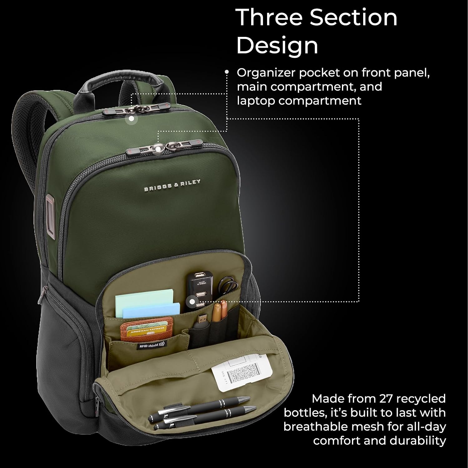 Briggs & Riley Medium Cargo Backpack - Carry On Travel Backpack for Women & Men, Personal Item Bag, Self-Repairing Zippers, Padded Straps, Fits up to 15.6" Laptop - HTA Collection, Forest