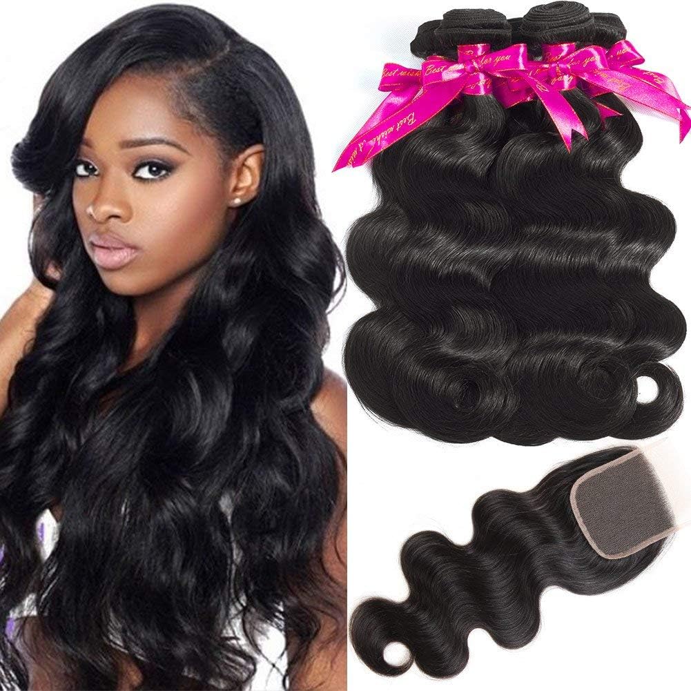 Hermosa Hair Brazilian Hair Body Wave 3 Bundles with Free Part Lace Closure Human Hair Weave 100% Unprocessed 9A Virgin Hair 14 14 14+12"closure