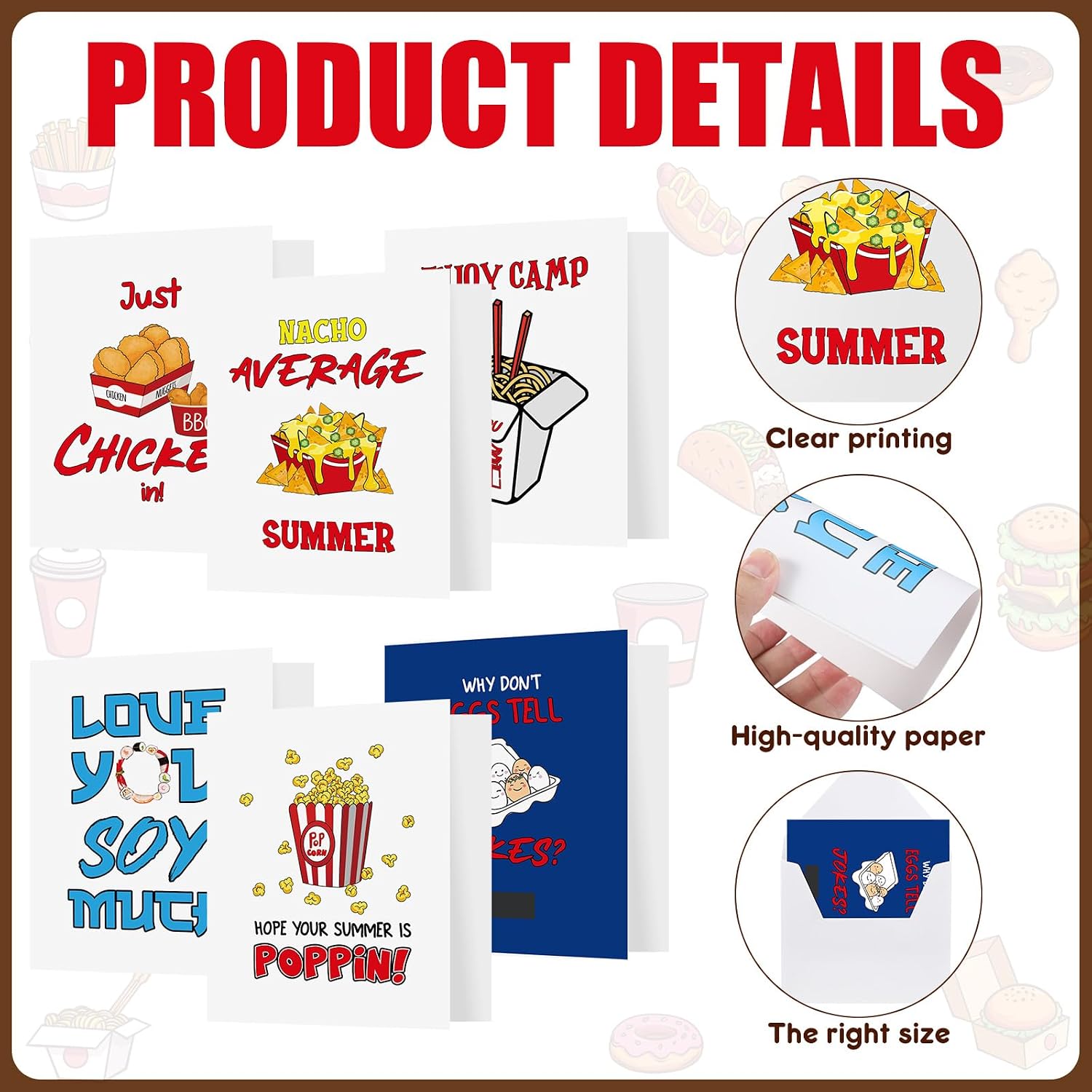 Motiskyy 6 Pack Foodie Camp Greeting Cards Funny Cards 7 x 6 Inch Summer Camp Greeting Card with Envelope Camping Stationery Gifts for Kids Summer Holiday Office image 3