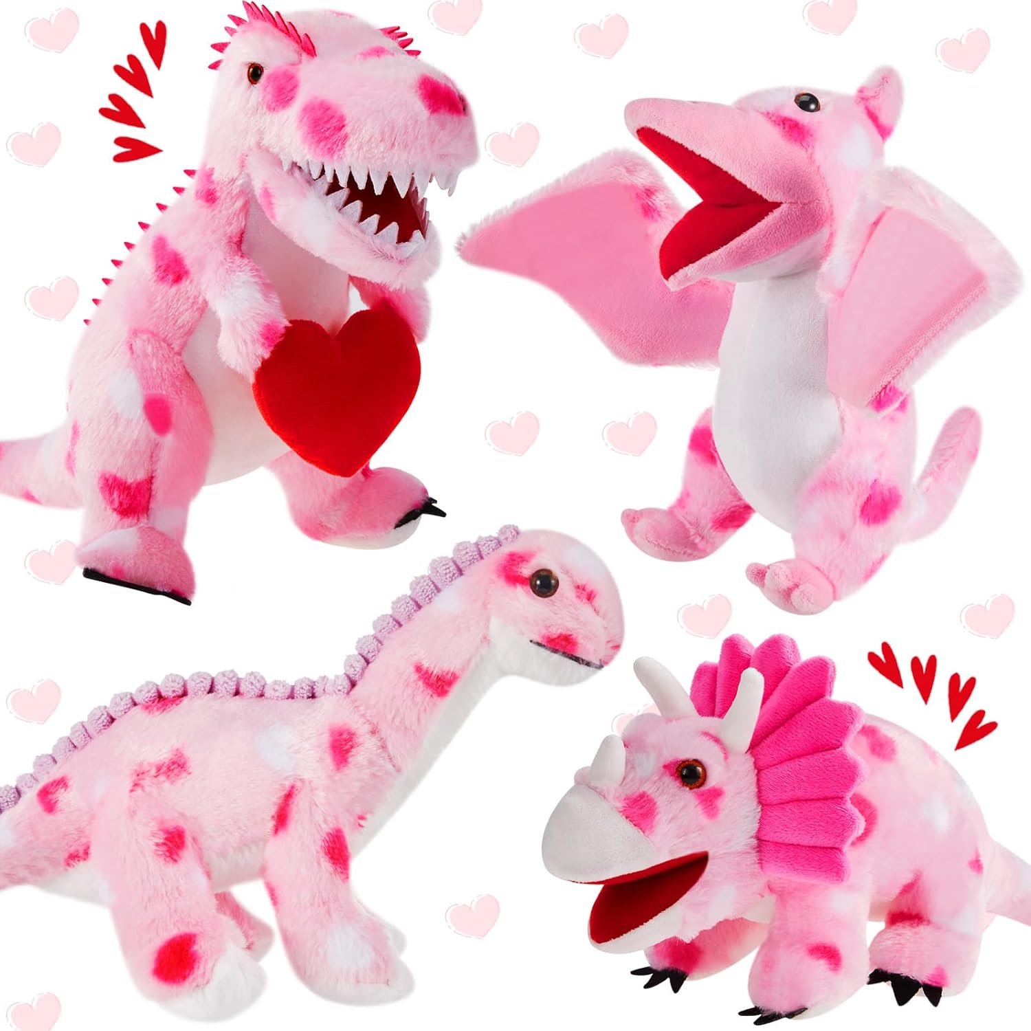 Shappy 4 Pcs Large 10inch Valentines Day Stuffed Animals Bulk Love Plush Stuffed Animal Soft Plush Holding Heart Kawaii Pink Fluffy Toy for Boys Girls Valentine Day Gift(Dinosaur)