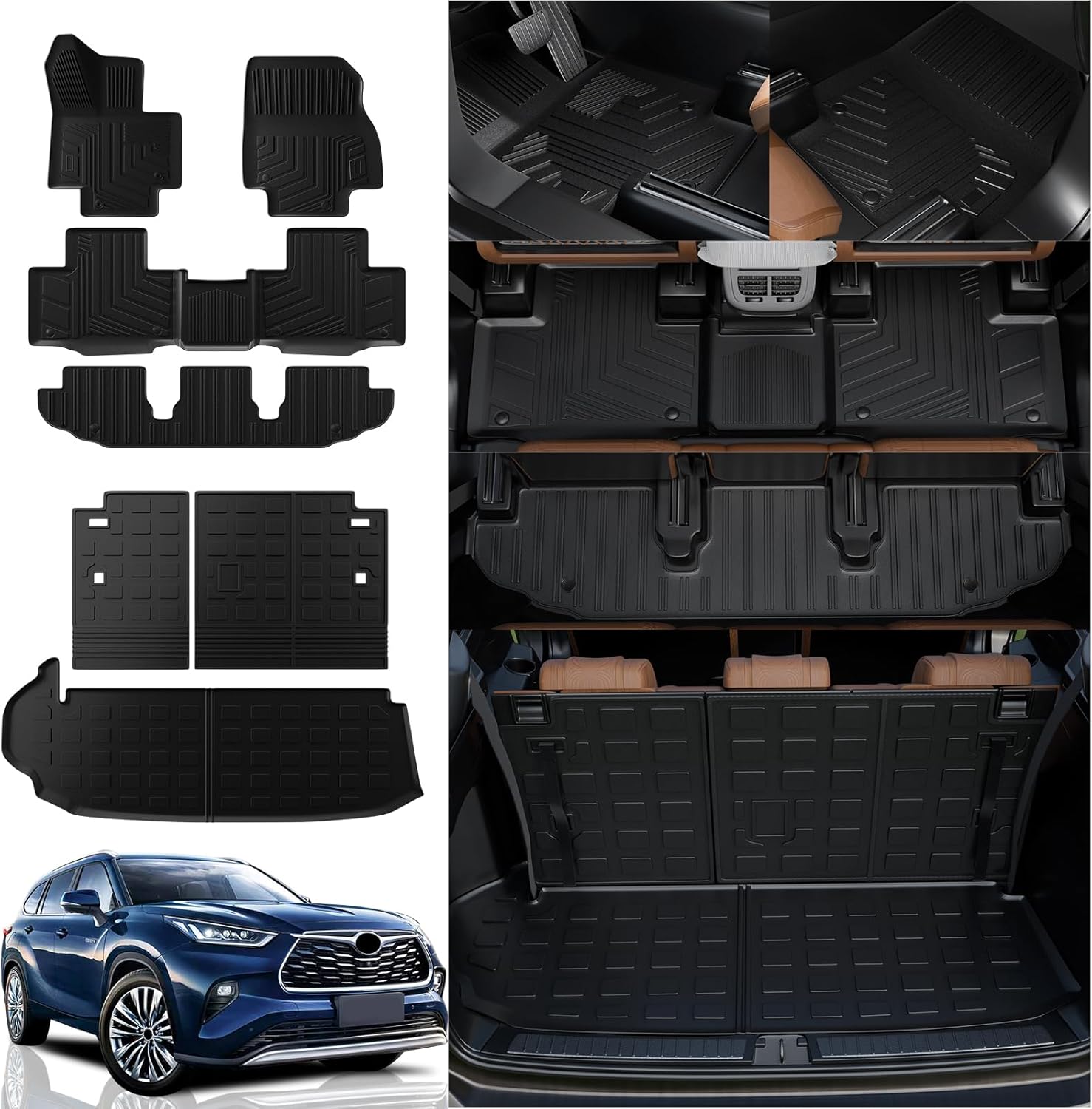 Rongtaod Floor Mats Compatible with 2020-2024 2025 Toyota Highlander Trunk Mat Cargo Mat Cargo Liner Trunk Liner Back Seat Cover 2023 Highlander Accessories (Trunk Mat+Backrest Mats+Floor Mats)