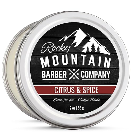 Rocky Mountain Barber Company Colonia sólida para hombres, aroma cítrico y especias, tamaño de 2 onzas, hecha con aceite de coco, manteca de karité,