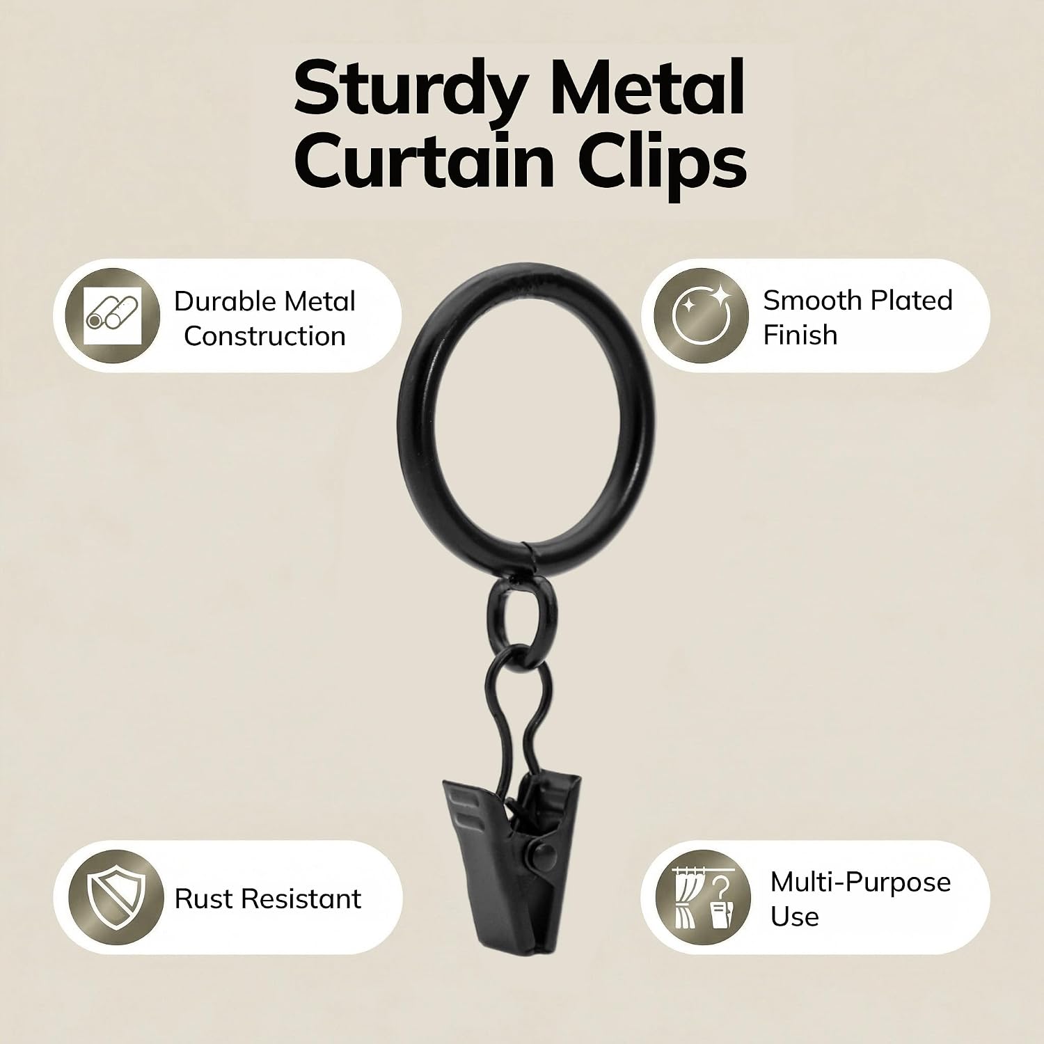 40 Pack Black Minimalism Curtain Rings with Eyelets with Clips, Small Metal Drapery Ring for Pinch Pleat Curtains, Drape Ring 1.0 Inch I D, Fits Up to 3/4 Inch Thin Rods (Black, 1"-40 Pack)