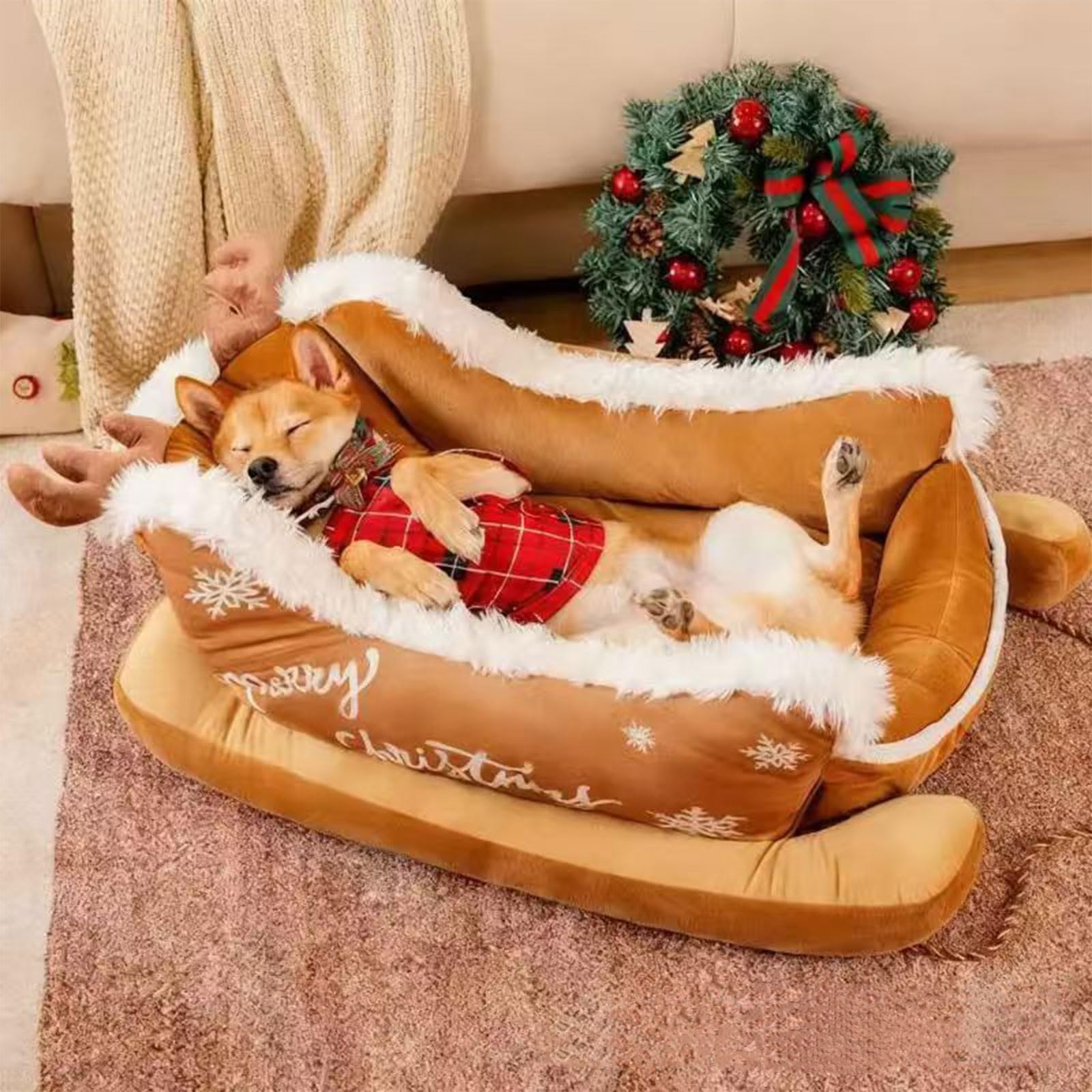 Letto per cani a slitta natalizia con copertura in pelo, morbido nido spesso per cani a pelo lungo, divano per cani da slitta di Natale con copertura in pelo, morbido divano per cani a pelo