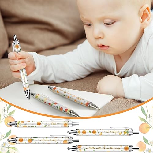 Miniatura 4 de Chuangdi 24 bolígrafos naranja para baby shower, bolígrafos retráctiles a granel, tinta negra con regalos para invitados, suministros escolares