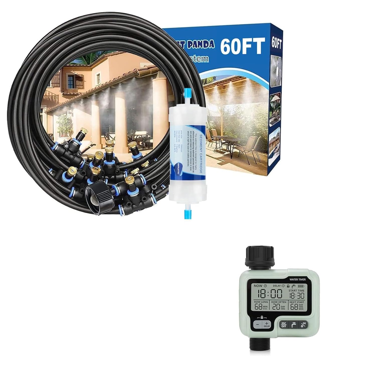 Misting Cooling System 60Ft w Filter &Hose Timer,Sprinkler Timers for Watering Programmable,Garden Irrigation System Controller,Automatic Outdoor Water Timer,Timed Sprinklers for Yard
