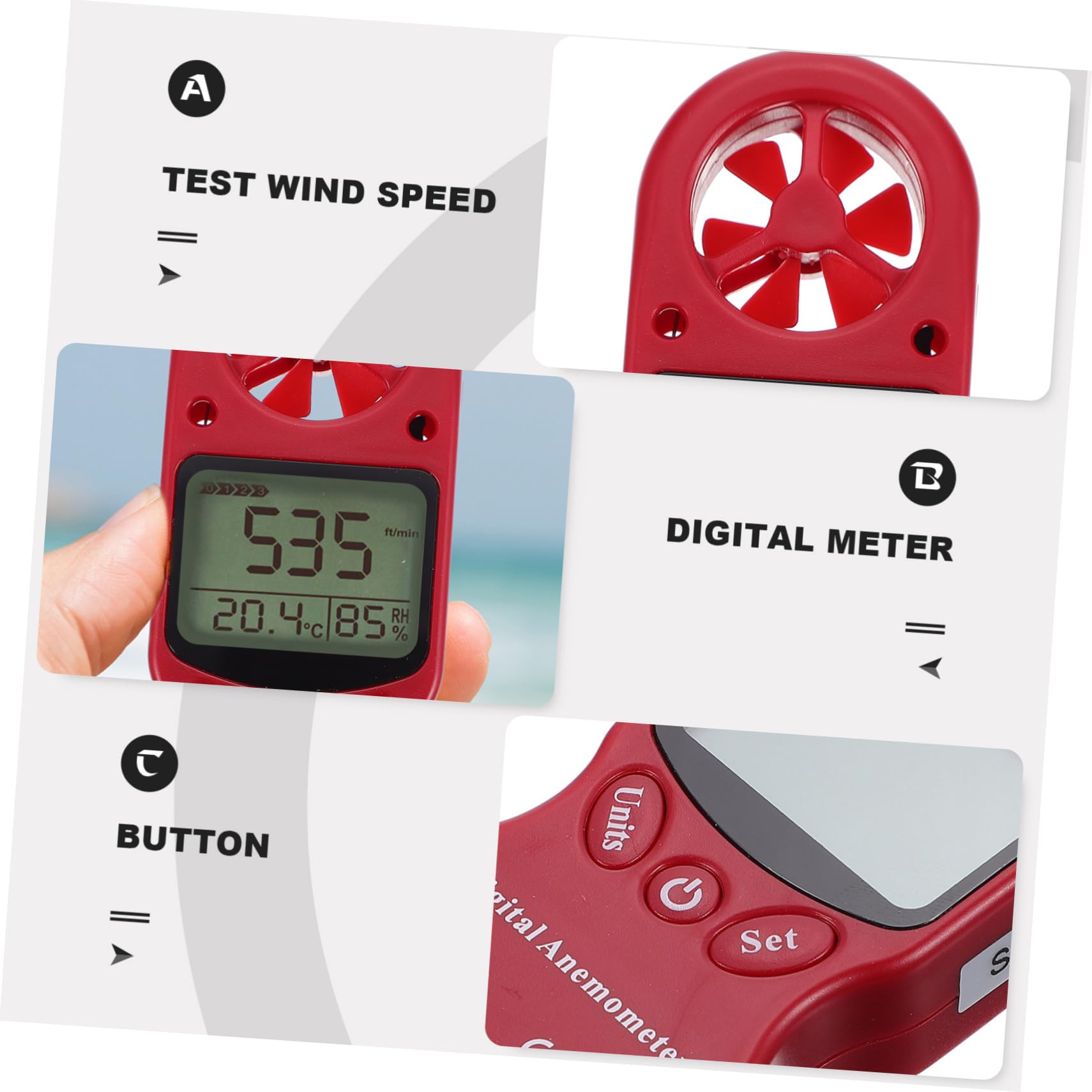 Anemómetro Digital de Mano con Higrómetro y Termómetro, Pantalla Lcd Retroiluminada, Medición de Velocidad del Aire para Climatización y Ventilación
