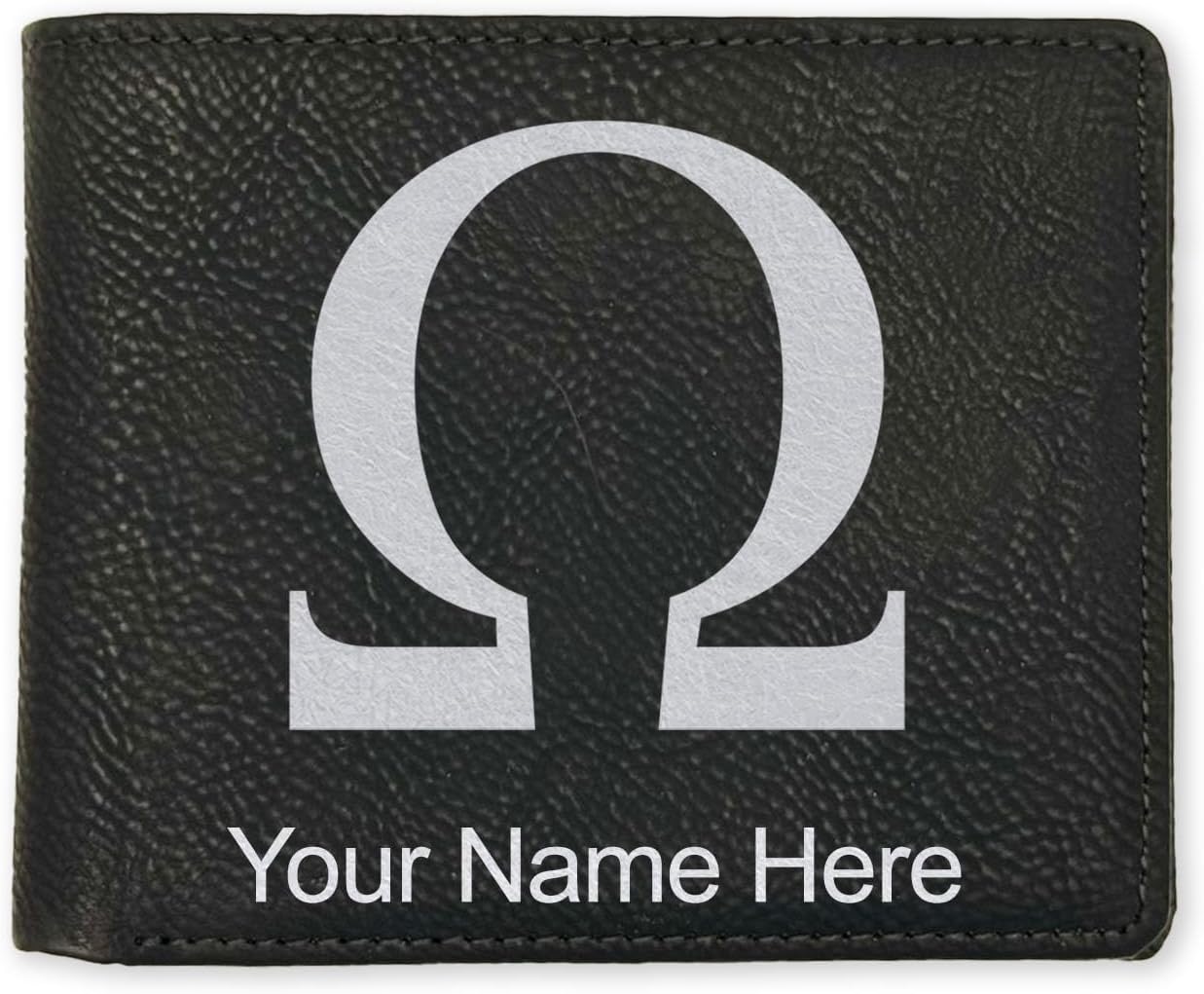 LaserGram Faux Leather Bi-Fold Wallet, Omega Symbol, Personalized Engraving Included (Black with Gold)