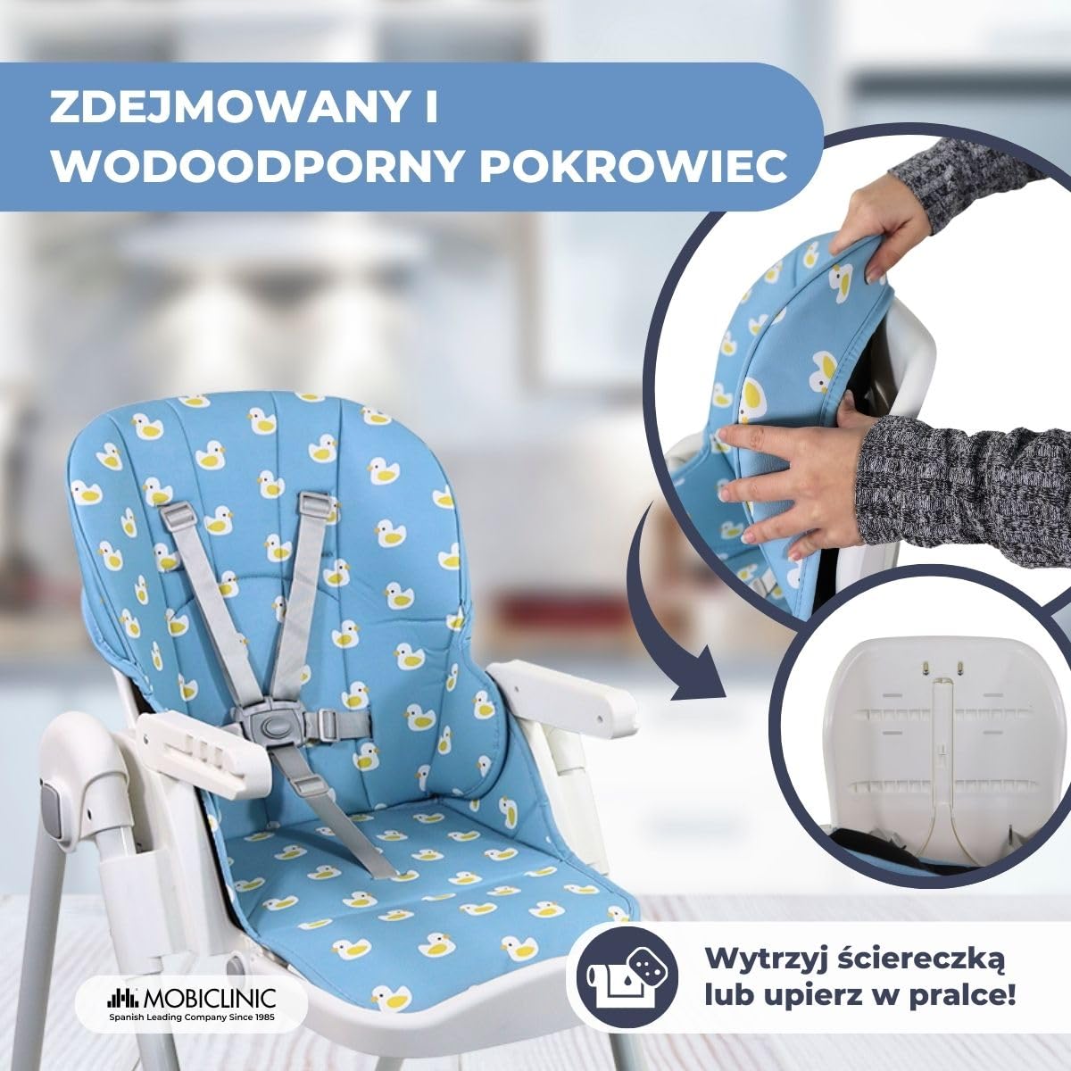 Mobiclinic®, Wysokie krzesełko dla dziecka, Evolutive, Dodatkowe składanie, Możliwość przekształcenia w krzesełko, Simba, 5-punktowe, Kółka z hamulcami, Podwójna wyjmowana tacka