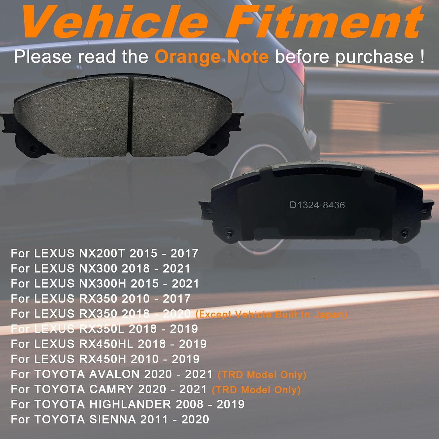 Front Ceramic Brake Pads Set With Hardware For Toyota Avalon, Camry, Highlander, Sienna, For Lexus RX350, NX200T,NX300, RX450H, NX300H, RX350L, RX450HL, Brake Disc Pad, Replaces# D1324