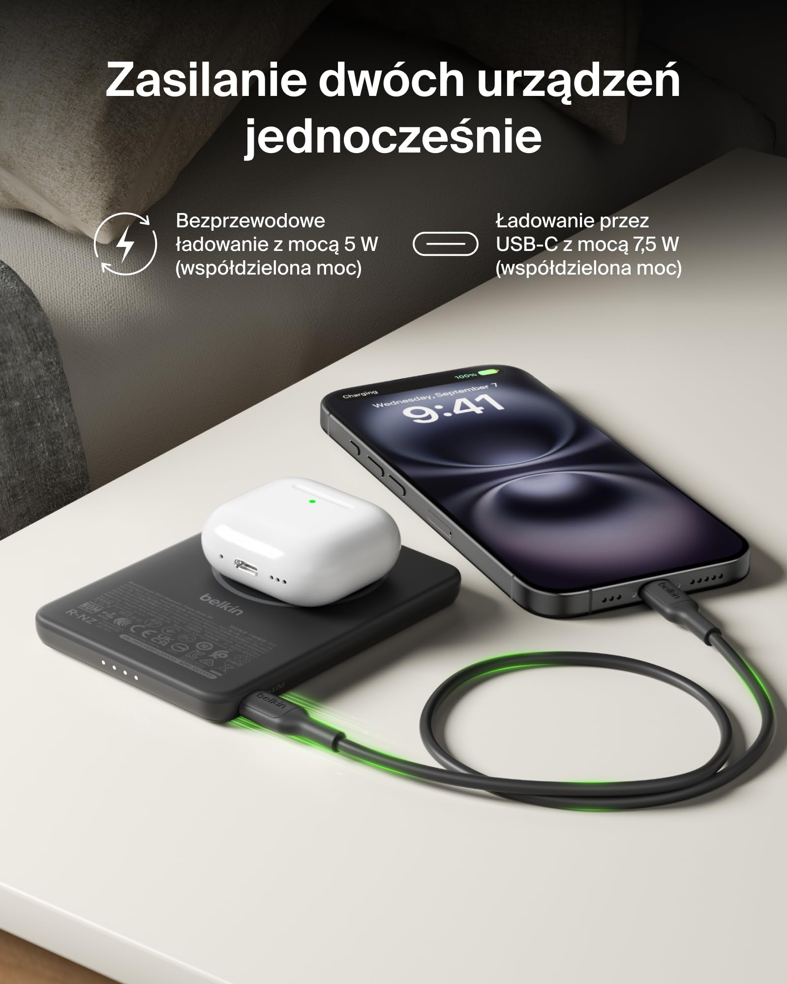 Belkin BoostCharge Cienki Magnetyczny Powerbank 5000 mAh USB-C – Czarny | Powerbank Bezprzewodowy 5000 mAh, Pierścień Magnetyczny, Port USB-C, Naładowany, Kabel w Zestawie, do Podróży Samolotem