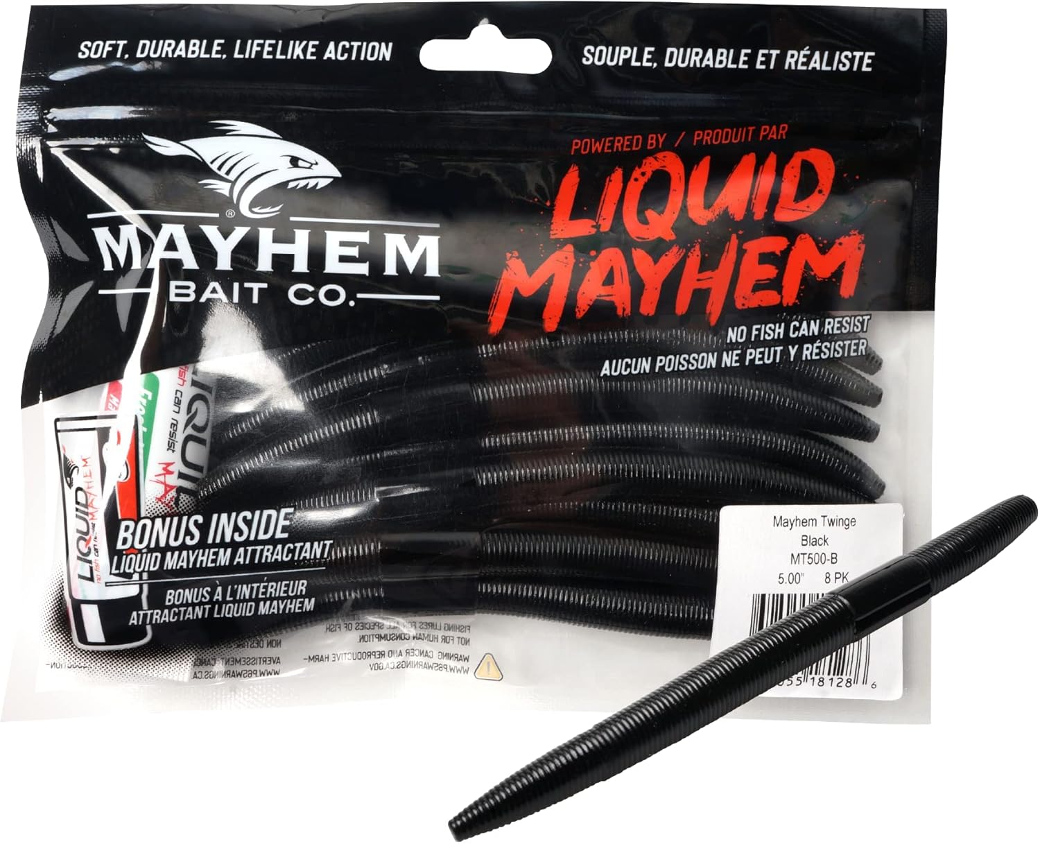 Liquid Mayhem Twinge, 5" Soft Plastic Bass Lures – Easy to Rig with Lifelike Action – Includes Bonus 10ml Attractant Gel – 8 Baits Each Pack