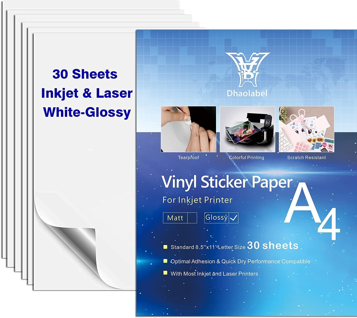 Dhaolabel Sticker Paper for Inkjet Printer 30 Sheets Vinyl Sticker Paper Waterproof - Size 8.5''x11" A4 - Inkjet & Laser Printer Dries Quickly (Glossy) : Office Products