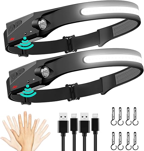 FBKK Paquete de 2 faros delanteros LED recargables lámpara de cabeza de haz ancho de 230 con sensor de movimiento linterna impermeable ligera para