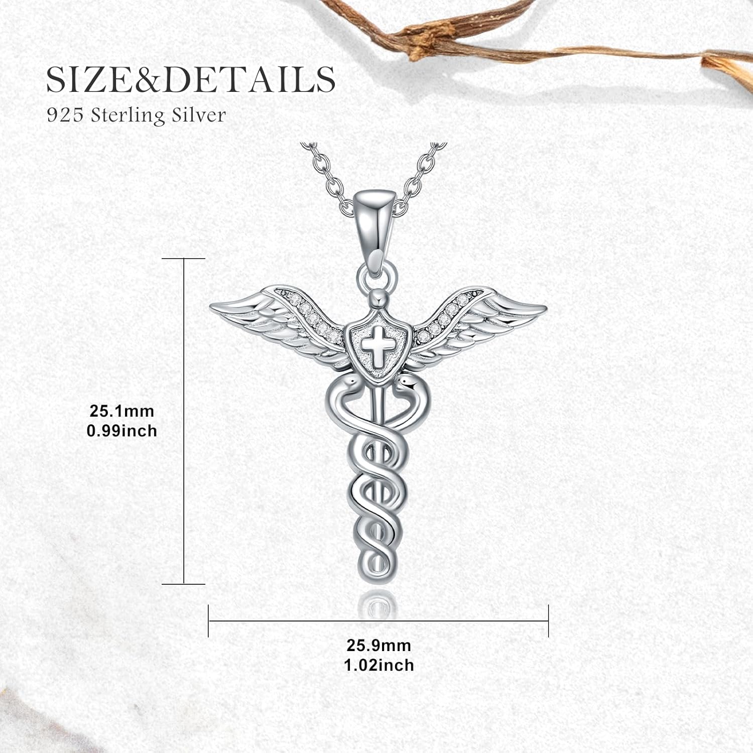 Caduceus Necklace 925 Sterling Silver Caduceus Pendant Necklace Caduceus Angel Wings Necklace for Women Men Nurse Day Jewelry Nursing Graduation Gifts for Her