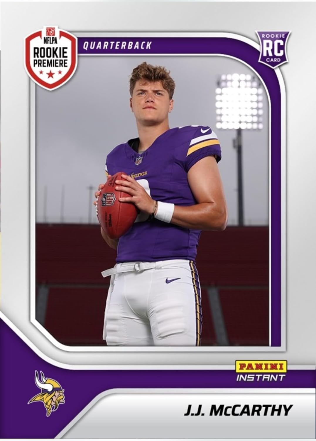 2024 Panini Instant J.J. McCarthy Vikings RC #RPSFL-8 -Rookie Premiere RPS First Look - Football Trading Card- Minnesota - Each Card Stamped 1 of 3455 on back. Shipped in Protective Screwdown Holder!