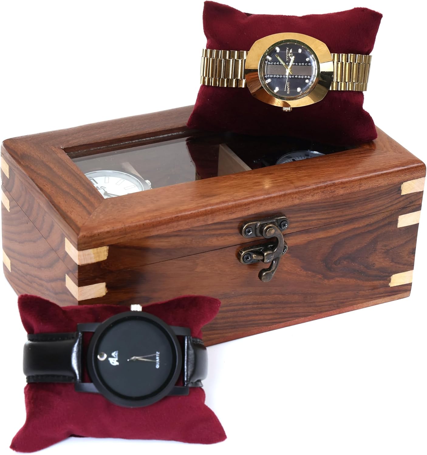 Wooden Watch Box for Men & Women, Premium Watch Organizer Case with Glass Display Lid, Durable Storage Holder for Watches, Elegant Gift for Collectors & Enthusiasts (3 Slot)