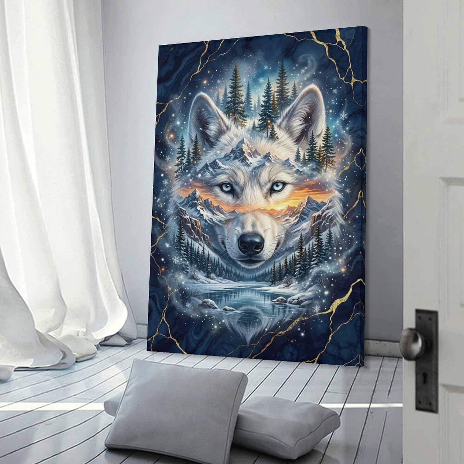 Junmoney Wolf Spirit Landscape Hanging Wall Art 08x12inch(20x30cm), for Study, Office Or Focused Interiors, Wall Art That Adds Style to Work Areas