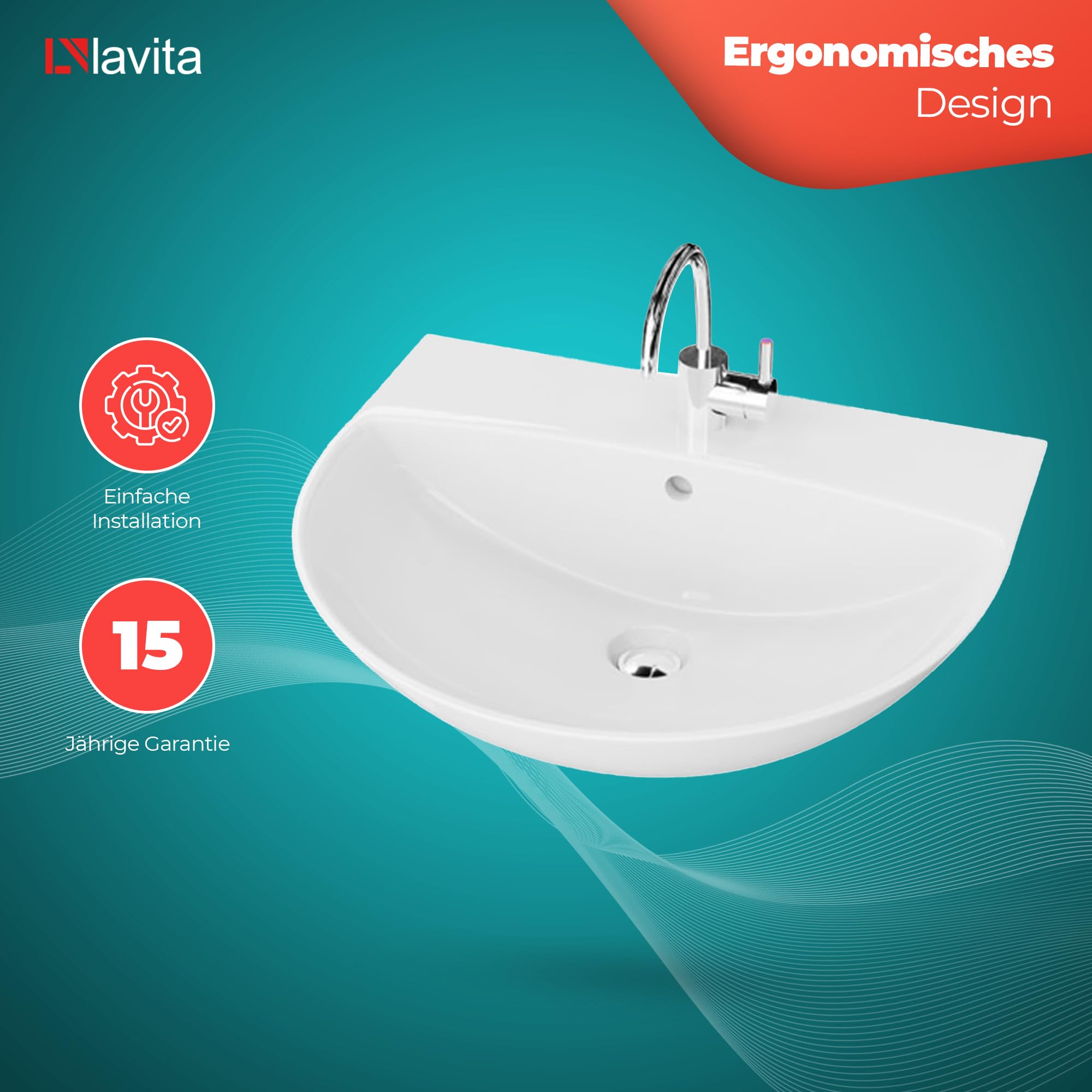 LAVITA Hängewaschbecken Corel | Waschbecken hängend | Waschtisch Rund | Waschbecken mit Überlauf und Hahnloch | Hochwertige Keramik | Badezimmer | 56x47x19 cm | Weiß Glanz